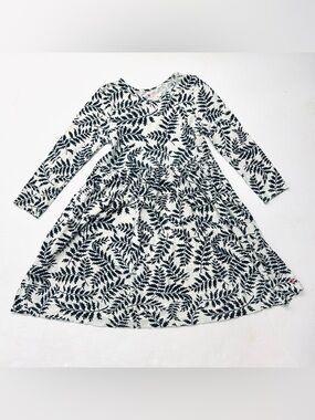 Pink Chicken Navy Blue White Long-Sleeve Dress with Leaf Print Leaves